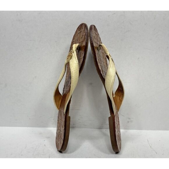 Tory Burch Thora Embossed Cream Leather Flip Flops Womens Size 7 M Sandals Shoes - Picture 5 of 9